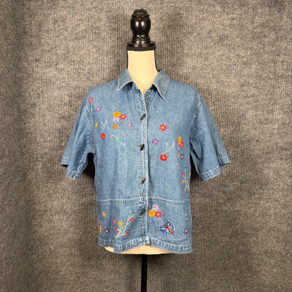 VTG 90s Carrie Allen Cottage Butterfly Embroidered Denim Button Up Shirt Sz M